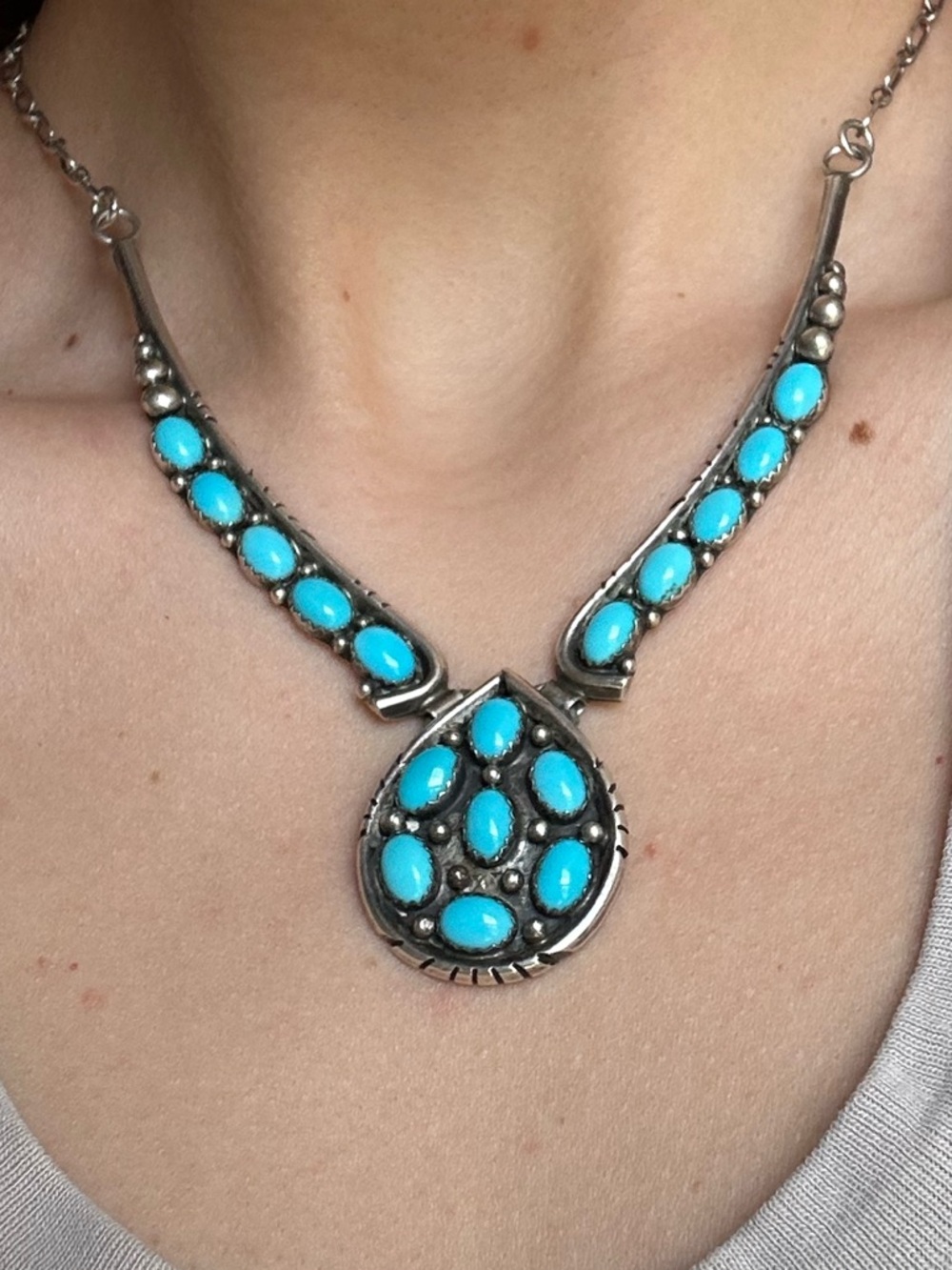 Navajo Patrick Yazzie Native Turquoise Sterling Silver Teardrop Necklace VTG